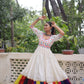 Lorenvalley Fashion White Roman Silk with Thread work & Gota Lace embellished Work Gown | Swadesiicart