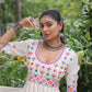 Lorenvalley Fashion White Roman Silk with Thread work & Gota Lace embellished Work Gown | Swadesiicart