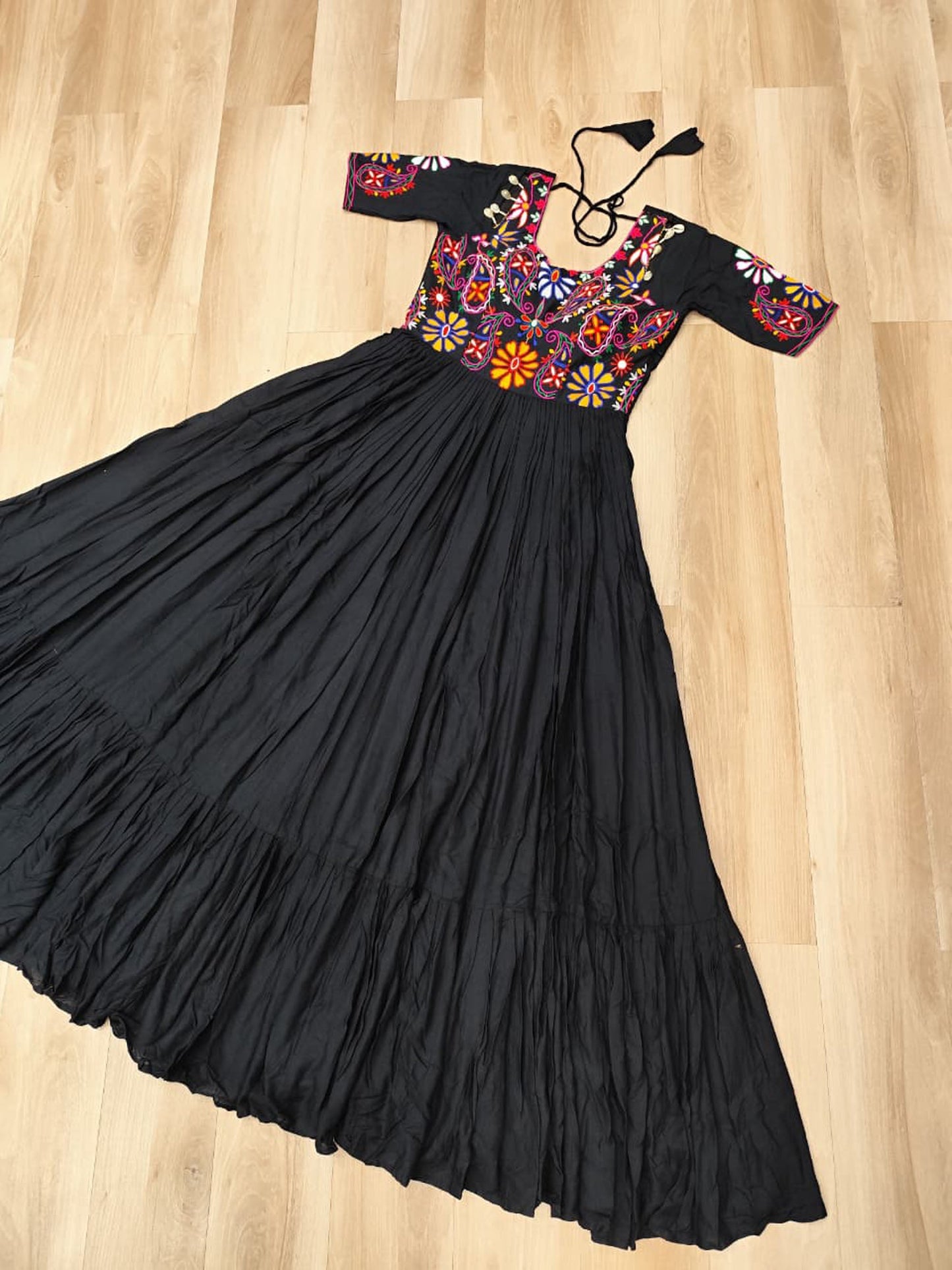 Lorenvalley Fashion Black Rayon with Kutchi Gamthi Embroidered Thread Work Gown | Swadesiicart