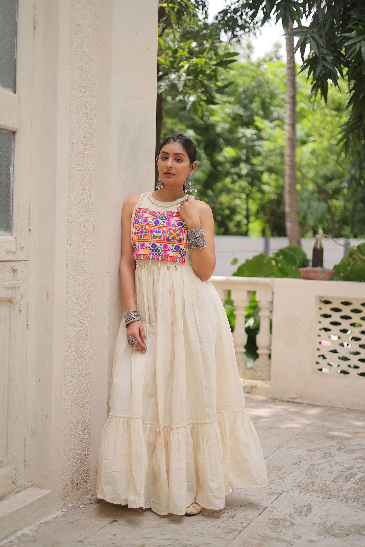 Lorenvalley Fashion Offwhite Kora Cotton with Multi Thread Embroidered Work Gown | Swadesiicart