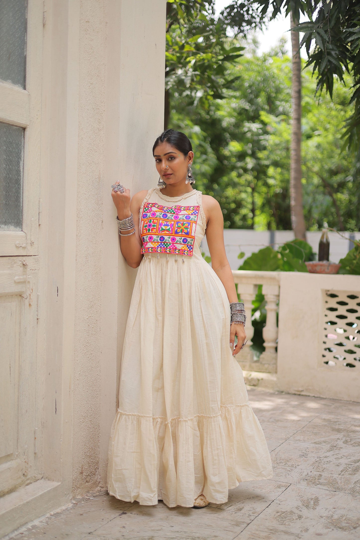 Lorenvalley Fashion Offwhite Kora Cotton with Multi Thread Embroidered Work Gown | Swadesiicart