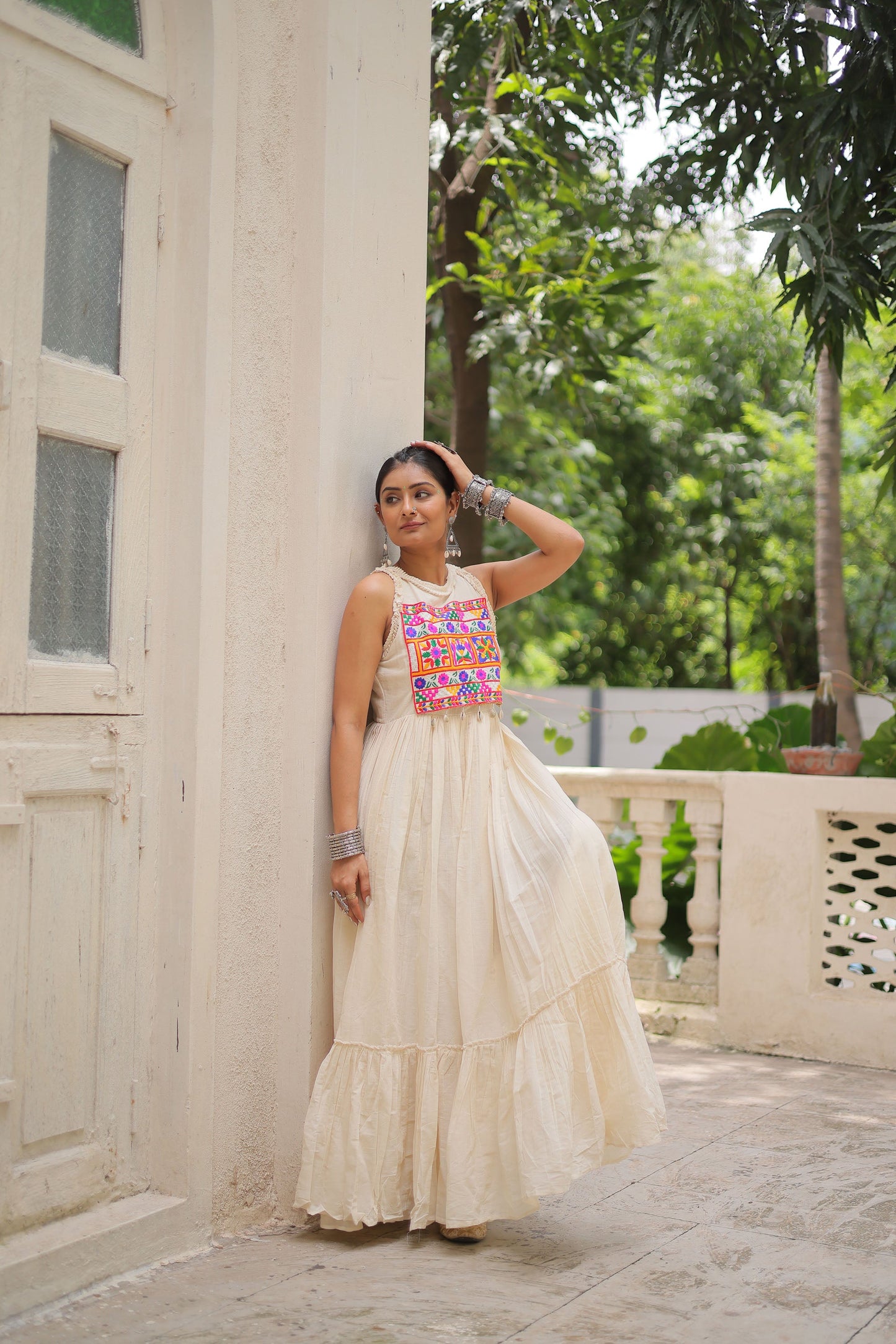 Lorenvalley Fashion Offwhite Kora Cotton with Multi Thread Embroidered Work Gown | Swadesiicart