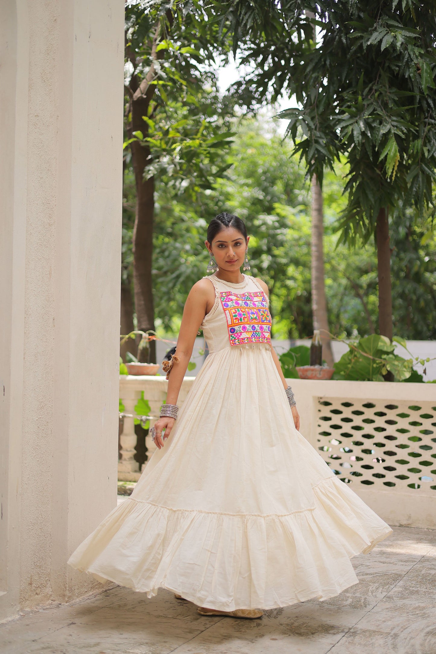 Lorenvalley Fashion Offwhite Kora Cotton with Multi Thread Embroidered Work Gown | Swadesiicart