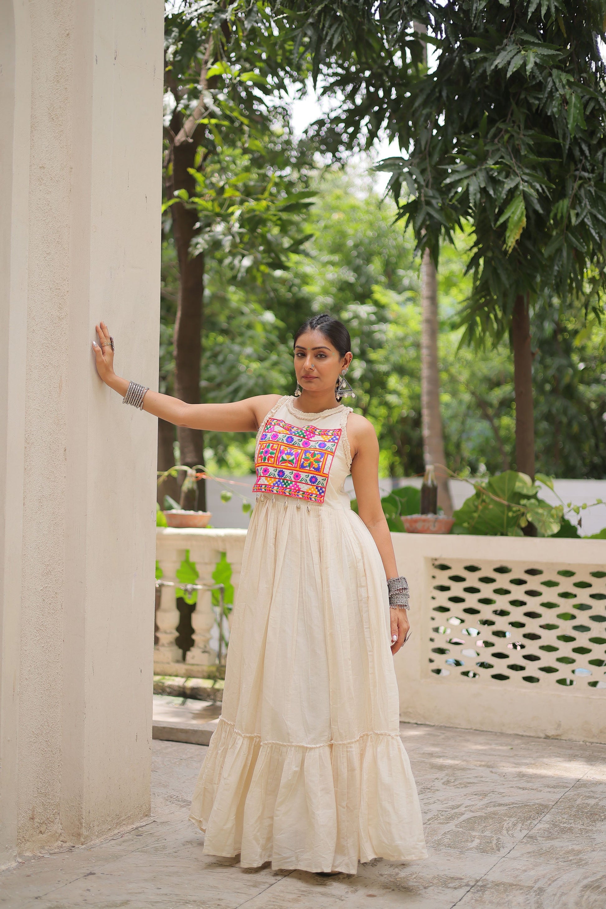 Lorenvalley Fashion Offwhite Kora Cotton with Multi Thread Embroidered Work Gown | Swadesiicart