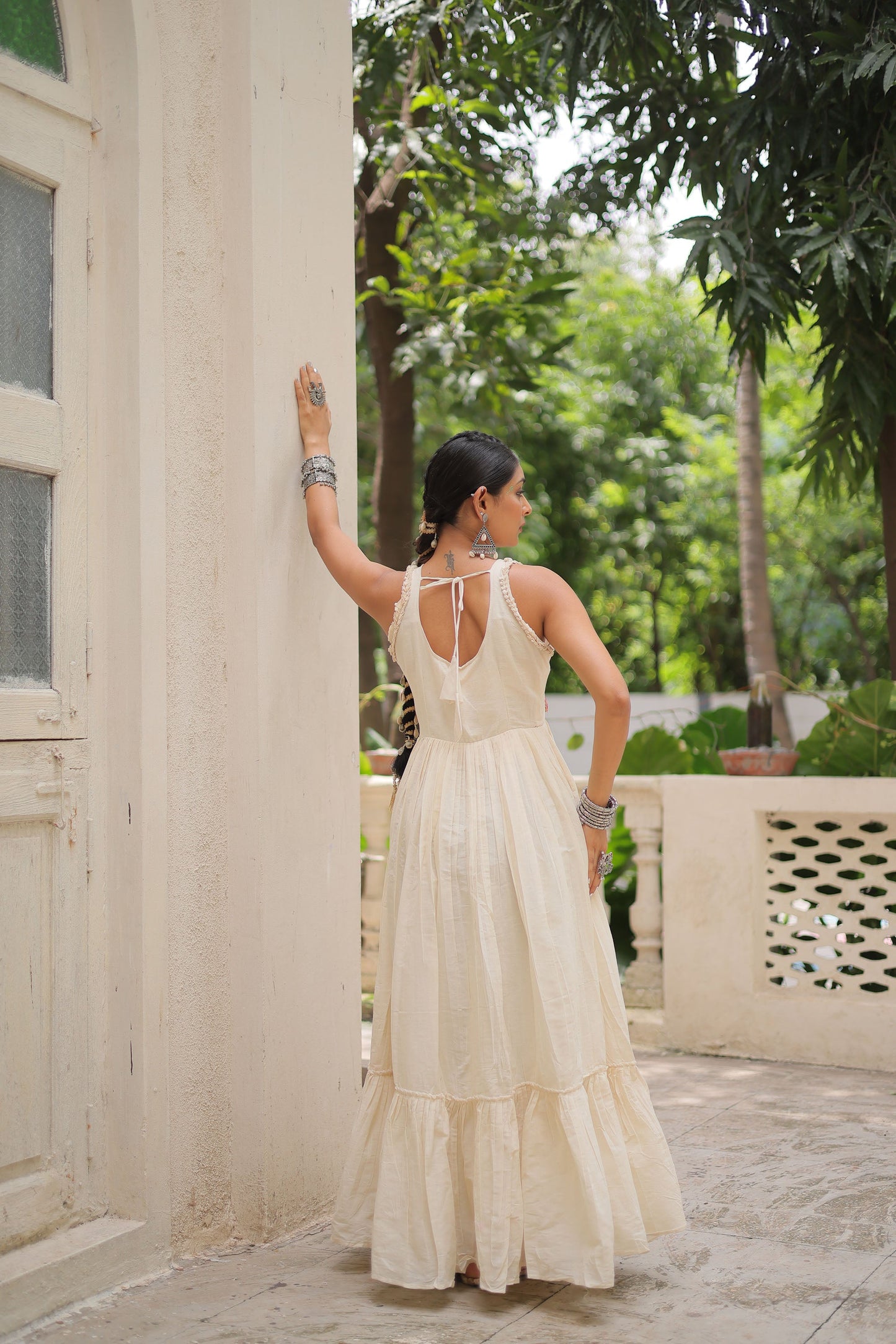 Lorenvalley Fashion Offwhite Kora Cotton with Multi Thread Embroidered Work Gown | Swadesiicart