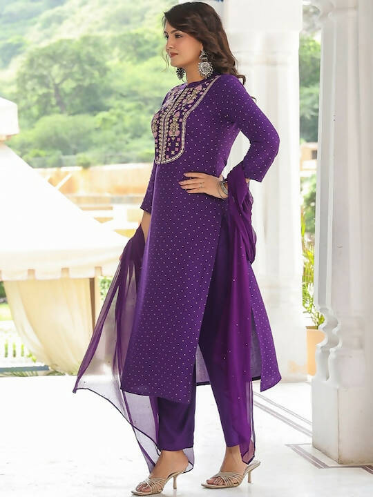 Kalini Floral Embroidered Mandarin Collar Regular Mirror Work Kurta & Trousers & Dupatta - Swadesiicart