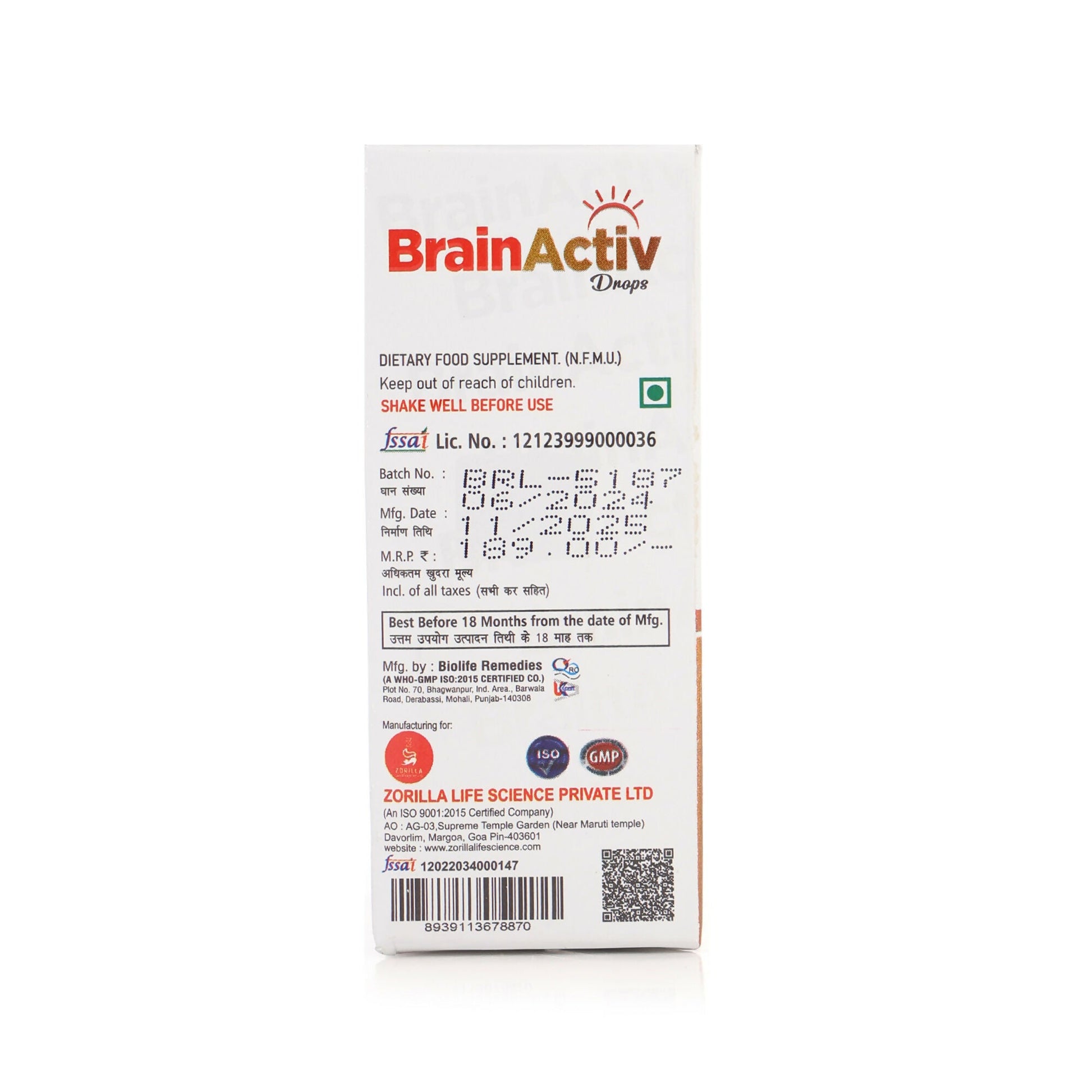 Zorilla Life Science BrainActiv Drop Omega-3 Fatty Acids, Vitamin D3, EPA with DHA | Swadesiicart