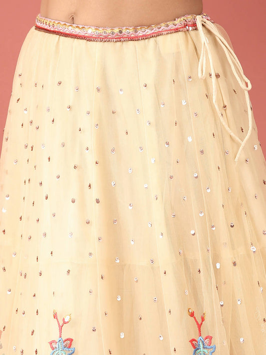 House of Panchhi Cream Net Multi colour Thread & Sequinse Work Lehenga & Blouse, Dupatta | Swadesiicart