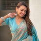Blue Pashmina Silk Wevon Kashmiri Meenakari Designer Saree with Unstitched Blouse - Vandini