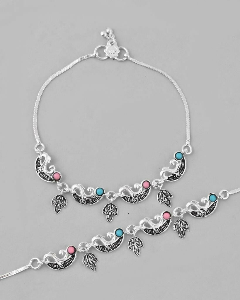 VOJ Set of 2 Silver Plated Stainless Steel Multi Color Anklet - Swadesiicart