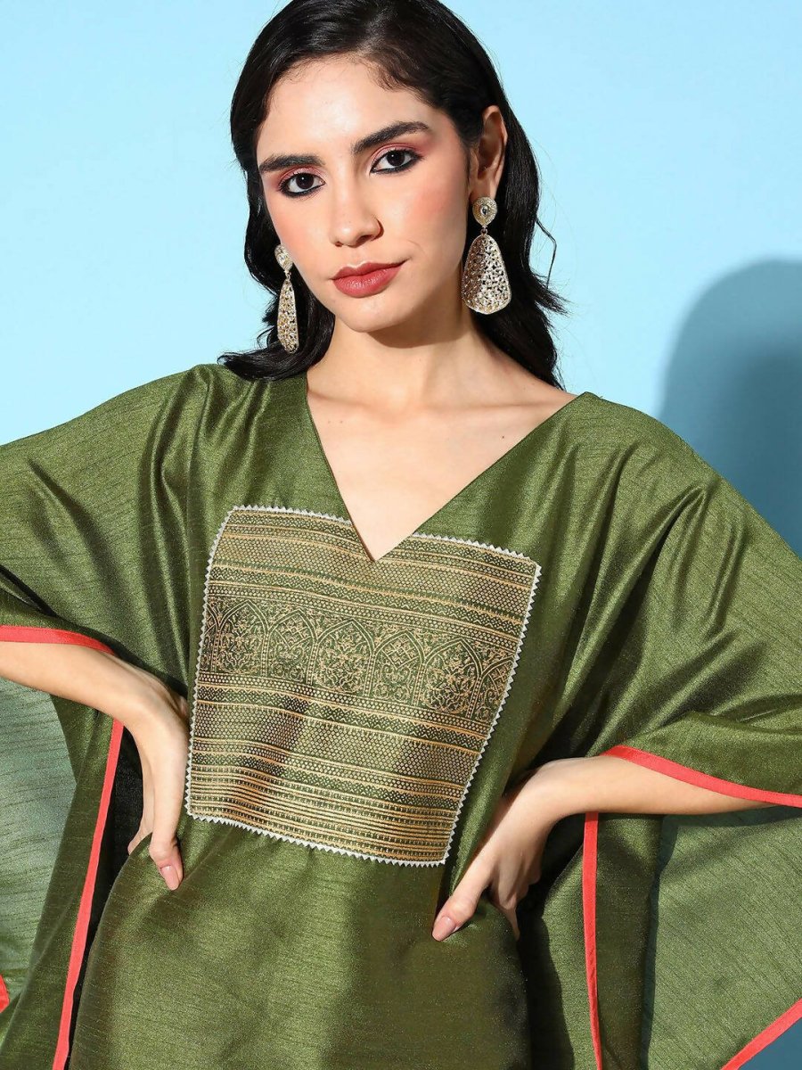 Ahalyaa Women Mehendi Poly Silk Gold Printed Kaftan Kurta | Swadesiicart