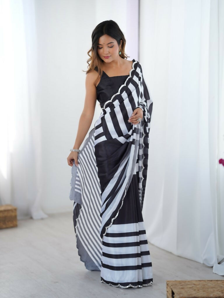 Black Chinon Designer Digital Printed,Mirror Cut Work Saree - Manvika