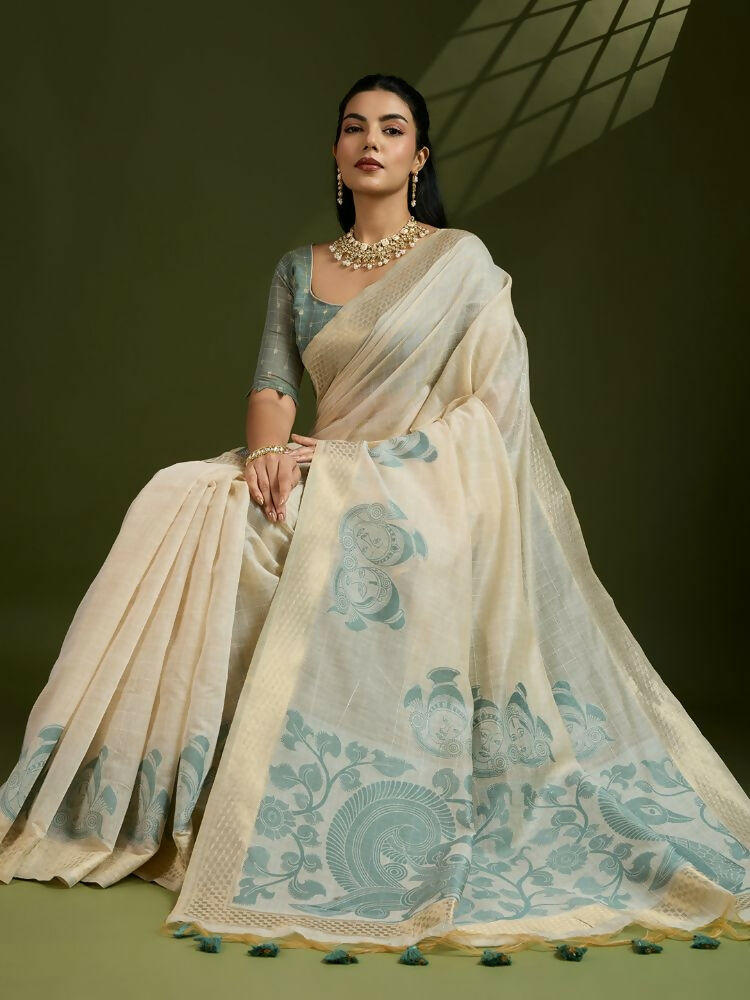 Vishnu Weaves Women's Green Muga Cotton Thread Woven Saree with Blouse - Swadesiicart