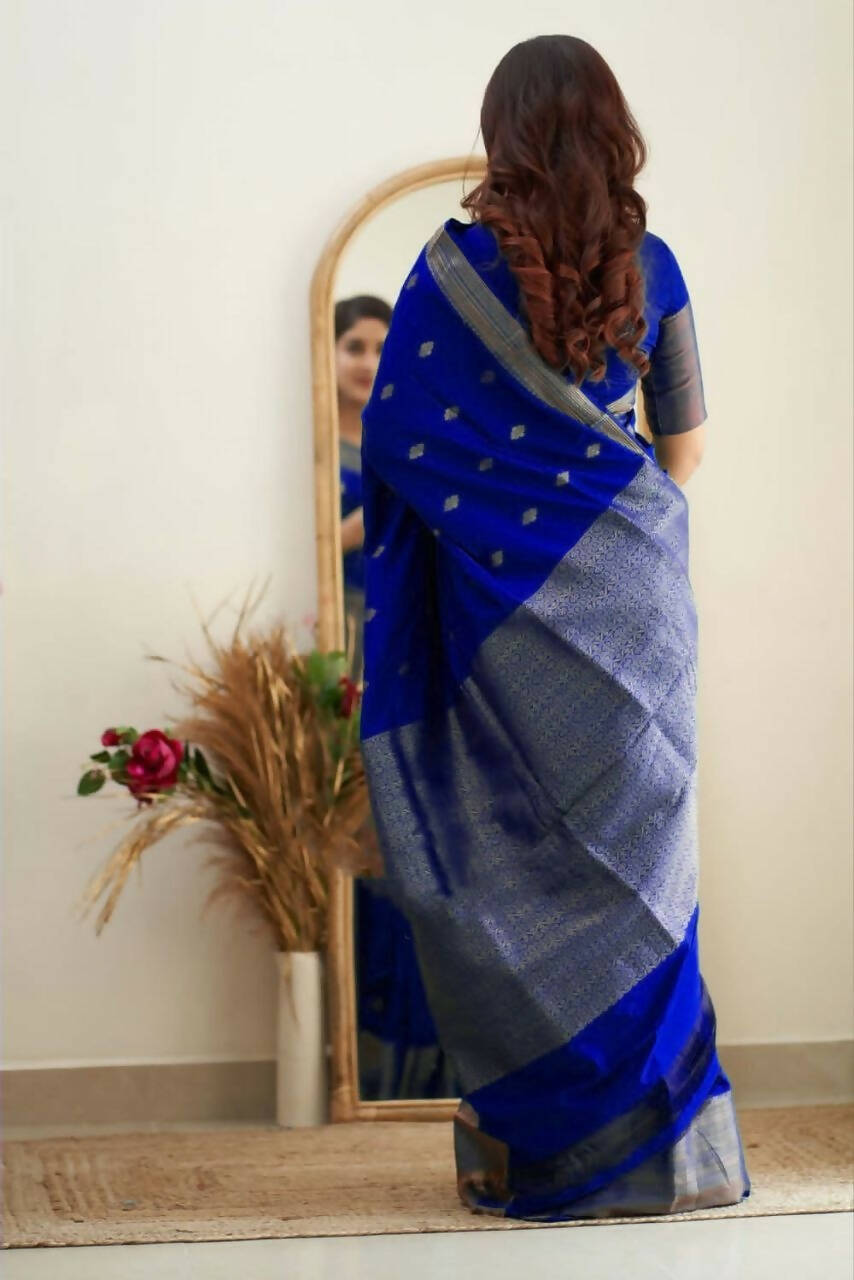 DEIANA'S Beautiful Designer Golden zari Soft Lichi Silk Saree - Royal Blue - Swadesiicart