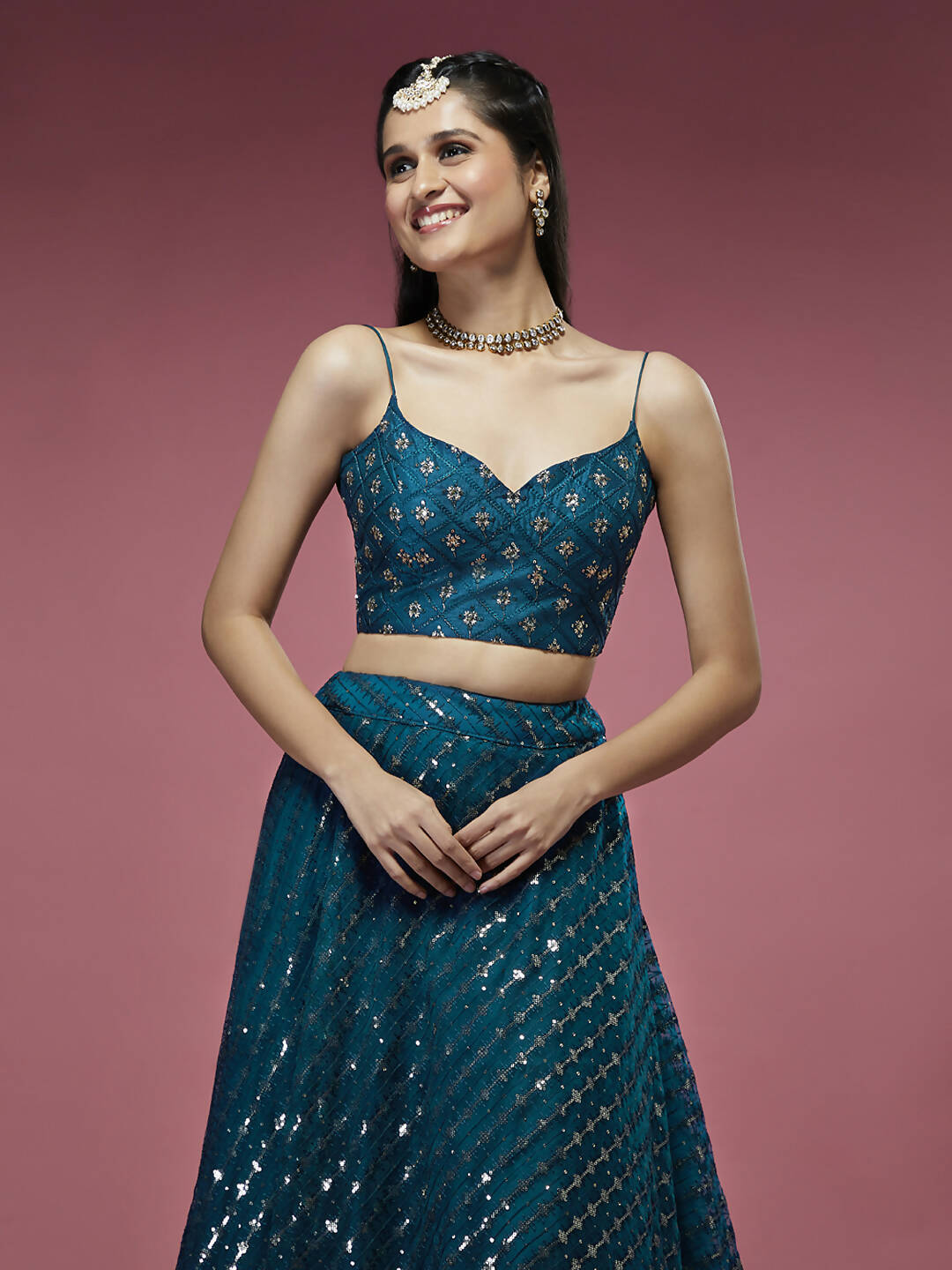 House of Panchhi Teal Net Sequinse Embroidered Lehenga & Blouse with Dupatta | Swadesiicart