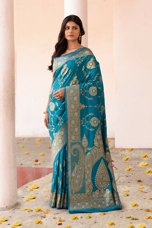 Joban Fashion Blue Banarasi Soft Pure Handloom Banarasi Silk Saree | Swadesiicart