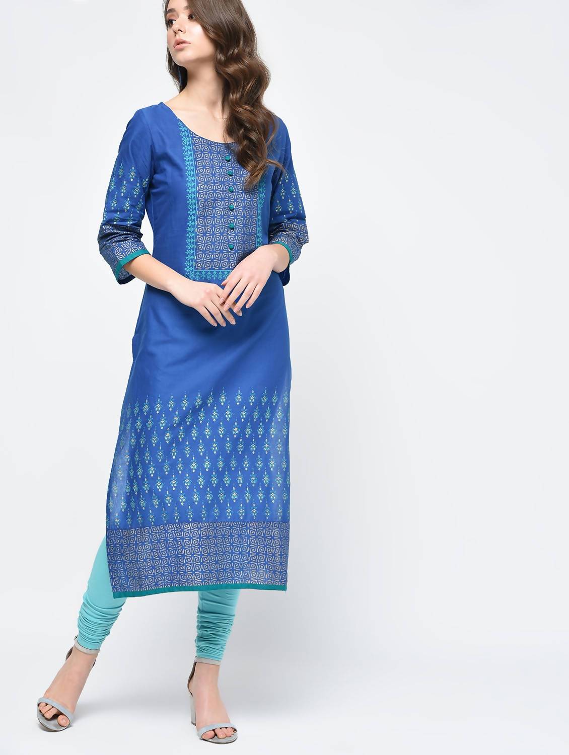Indian Clothing Cheera Hand Block Print Royal Blue Color Straight Kurta | Swadesiicart