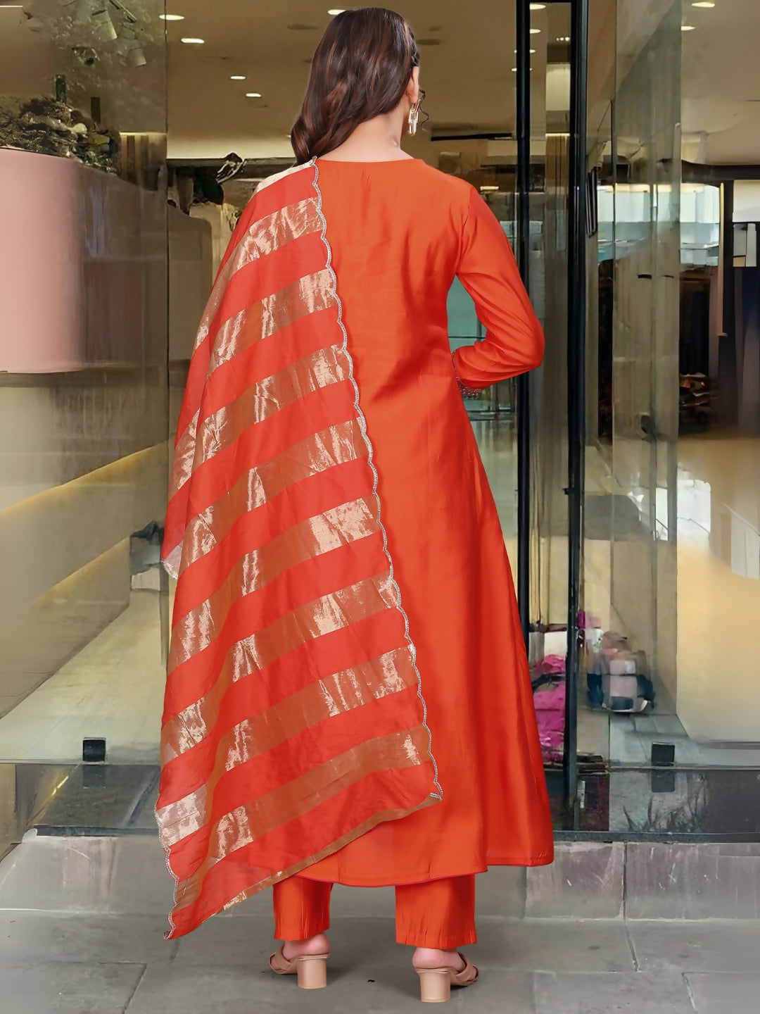 The52 Rust Women's Gorgeous Embroidered Work Chanderi Fabric Flared Kurta Pant and Dupatta Set - Swadesiicart