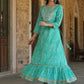 Juniper Women's Green Printed Embroidered Mirror Work Sequin Cotton Flared Dress | Swadesiicart