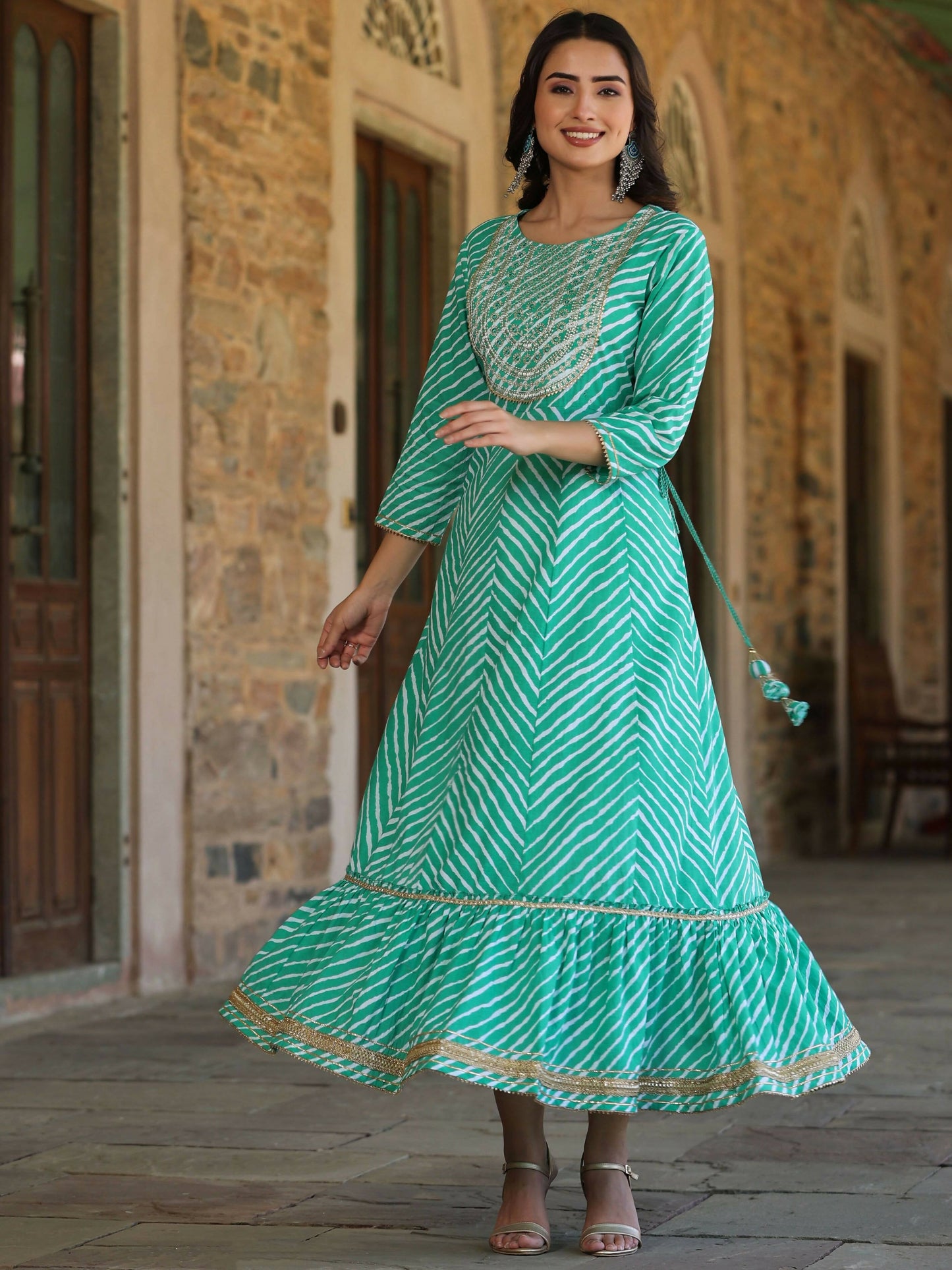 Juniper Women's Green Printed Embroidered Mirror Work Sequin Cotton Flared Dress | Swadesiicart