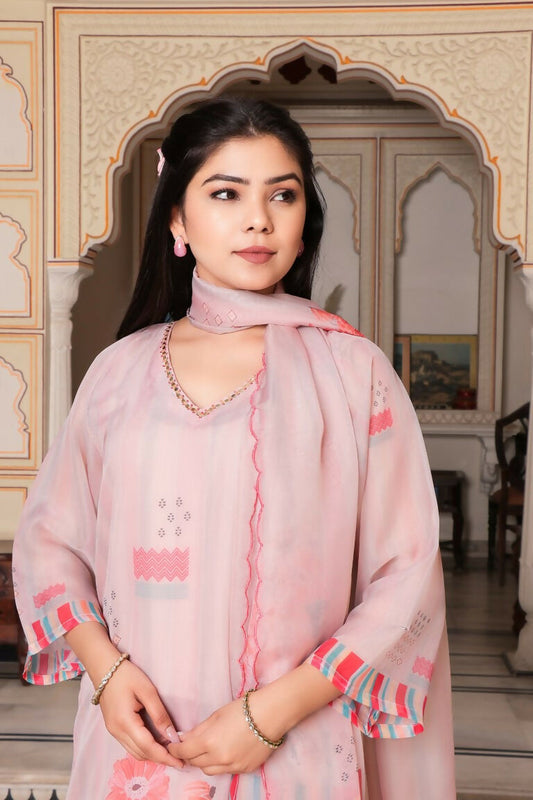 Vaasva Women Beige Tabby Slik Print & Embroidered Kurta, Pant & Dupatta set | Swadesiicart