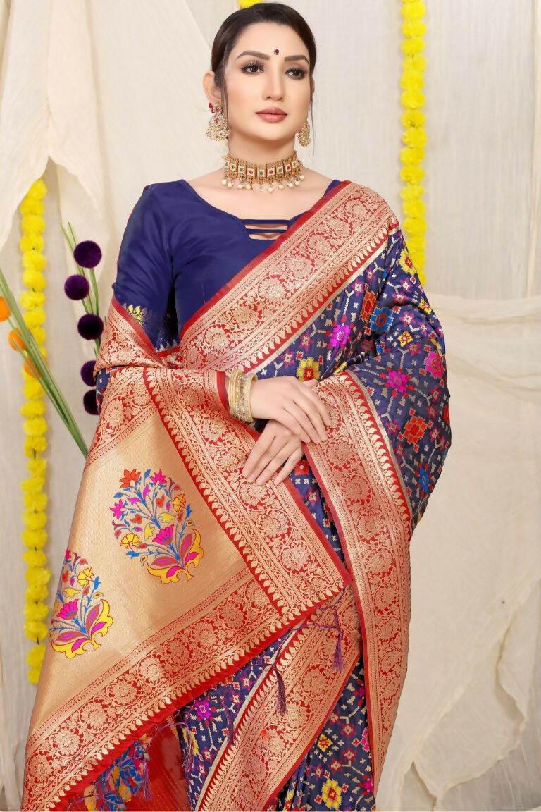 Jyoti Fashion Women's Navy Blue Patola Silk Zari Woven Saree with Blouse | Swadesiicart