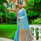 Vishnu Weaves Women's Firozi Linen Cotton Bandhani Woven Saree with Blouse - Swadesiicart