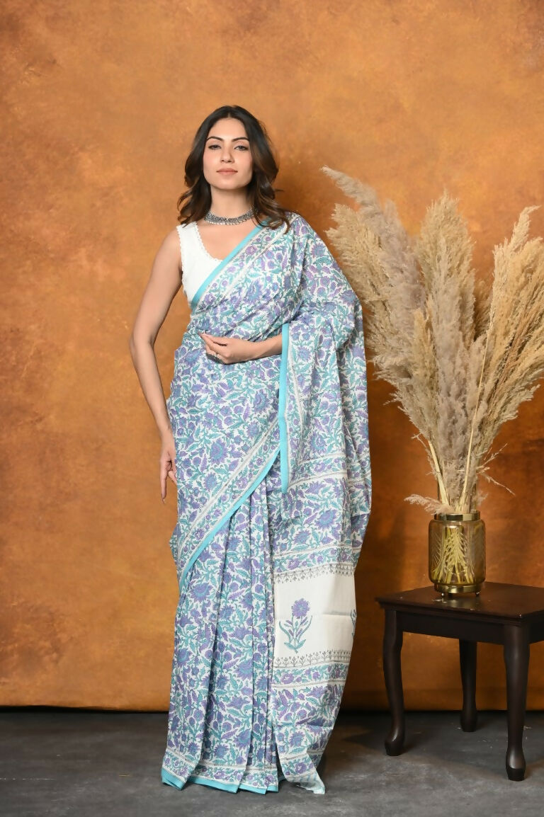 Very Much Indian Handblock Printed Cotton Saree With Natural Dyes - White | Swadesiicart