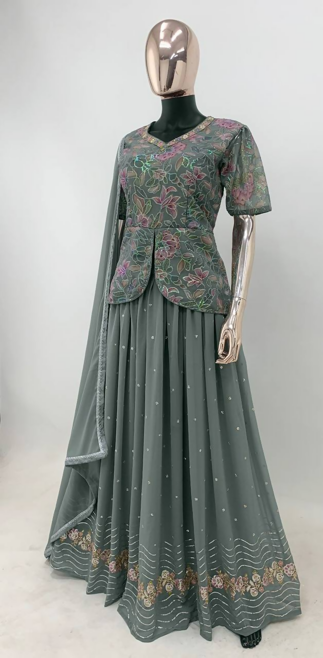 Lorenvalley Fashion Grey Faux Georgette Embroidery with Sequince Work Salwar Lehenga Stitched | Swadesiicart