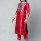 Ahalyaa Womens Red Art Silk Printed Kurta Pant Set | Swadesiicart