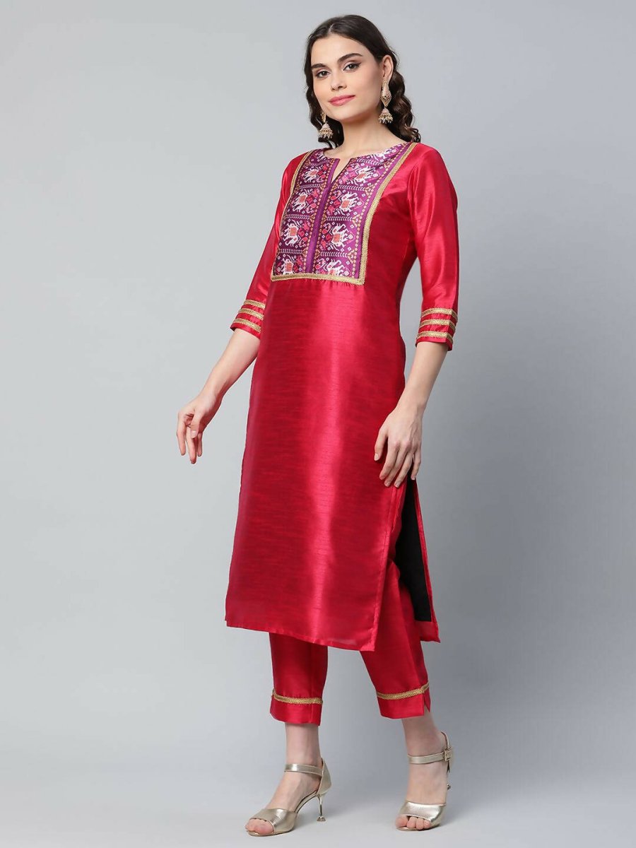 Ahalyaa Womens Red Art Silk Printed Kurta Pant Set | Swadesiicart