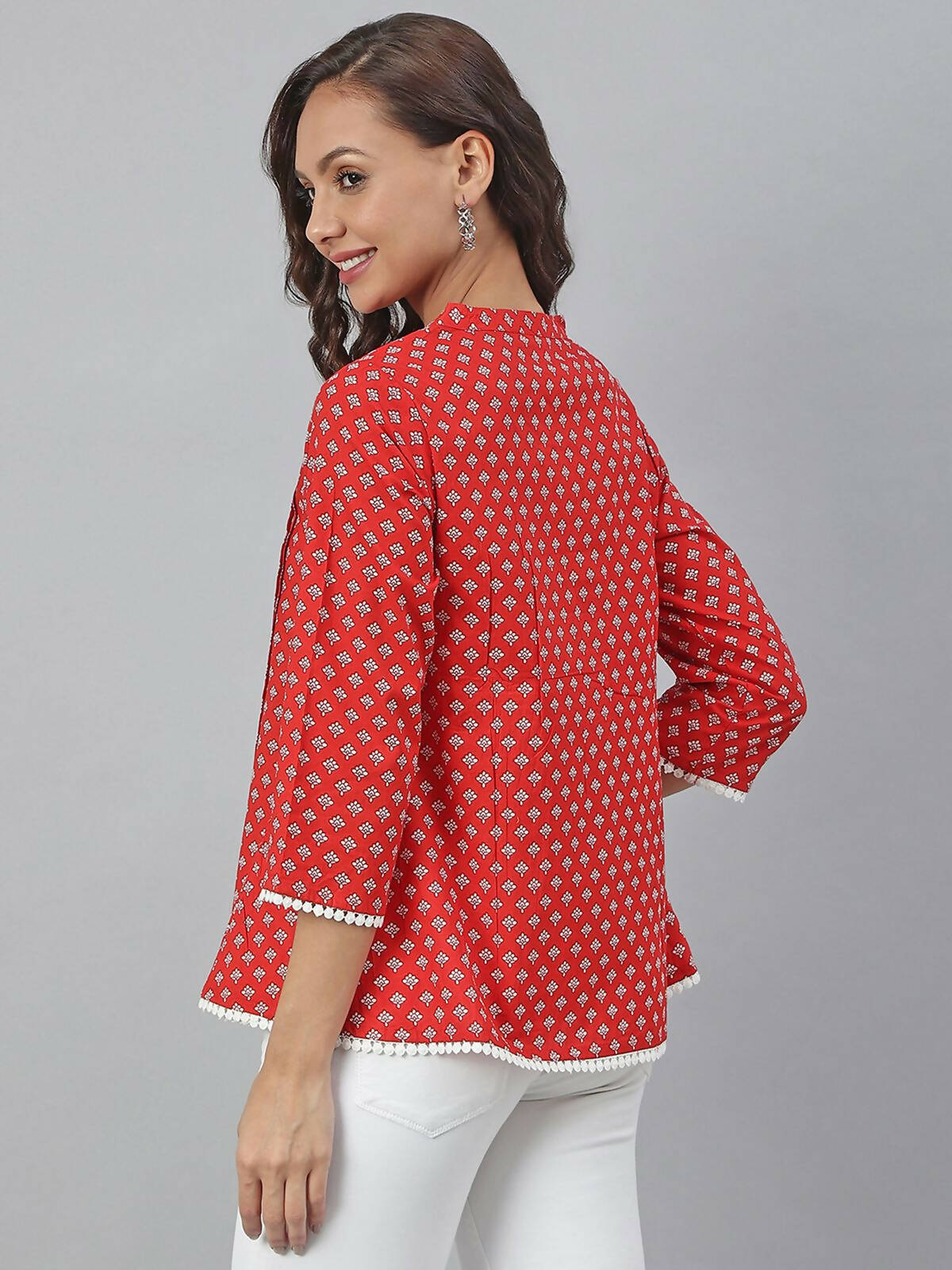 Janasya Women's Red Cotton Floral Print Flared Top | Swadesiicart