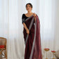Attrctive Looking Gold Jari, Sequance Embroidery Work Twill Net Party Wear Saree - Coffee