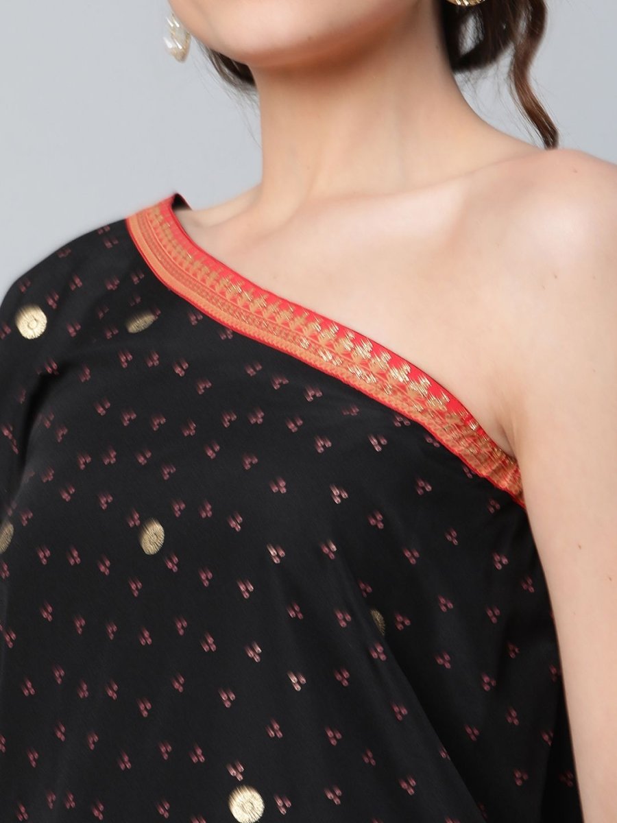 Ahalyaa Women Black Crepe Printed Top with Trouser Set | Swadesiicart