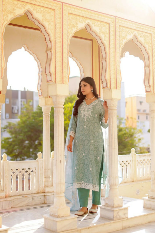 Vaasva Women Sky Blue Linen Floral Printed Kurta, Pant & Dupatta set | Swadesiicart
