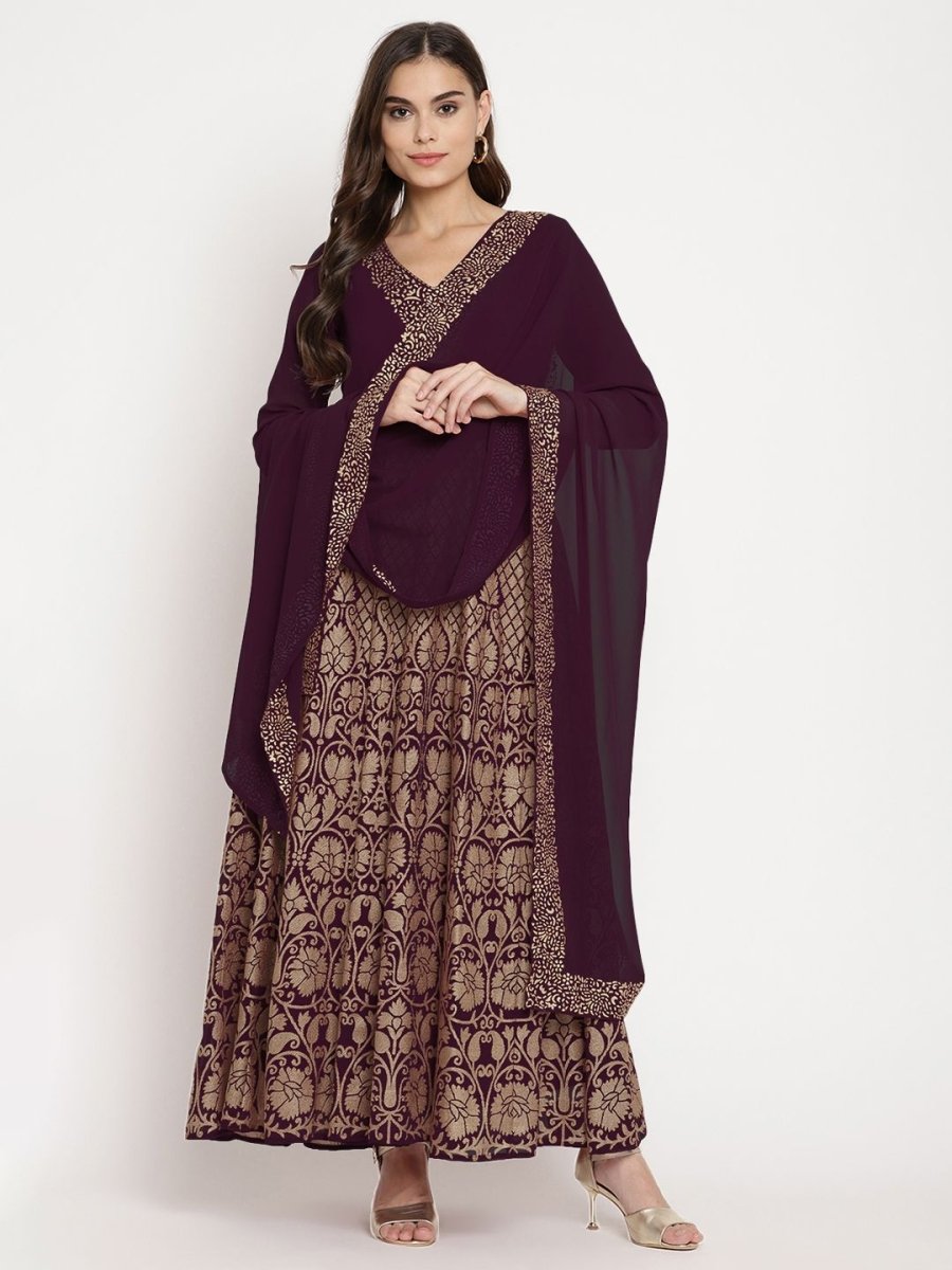 Ahalyaa Women's Wine Georgette Gold Foil Print Flared Kurta With Dupatta | Swadesiicart