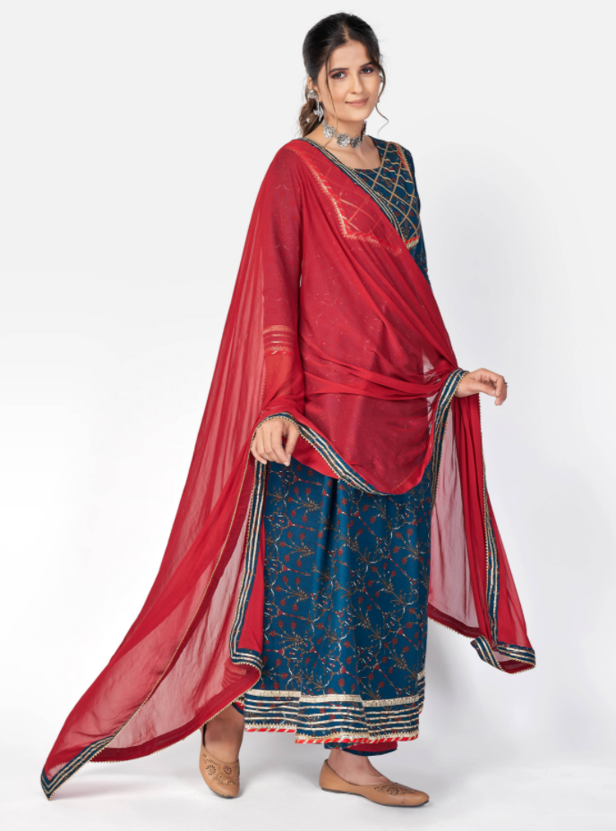 NOZ2TOZ Women Dark Blue Anarkali Cotton Kurta With Pant & Dupatta (3Pcs Set) - Noz2Toz