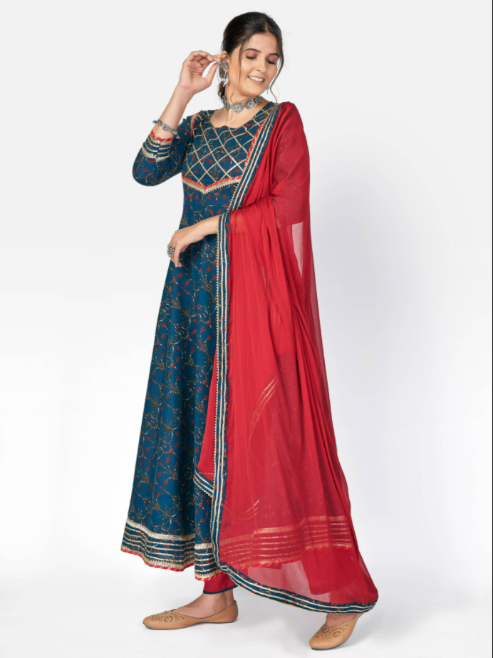 NOZ2TOZ Women Dark Blue Anarkali Cotton Kurta With Pant & Dupatta (3Pcs Set) - Swadesiicart