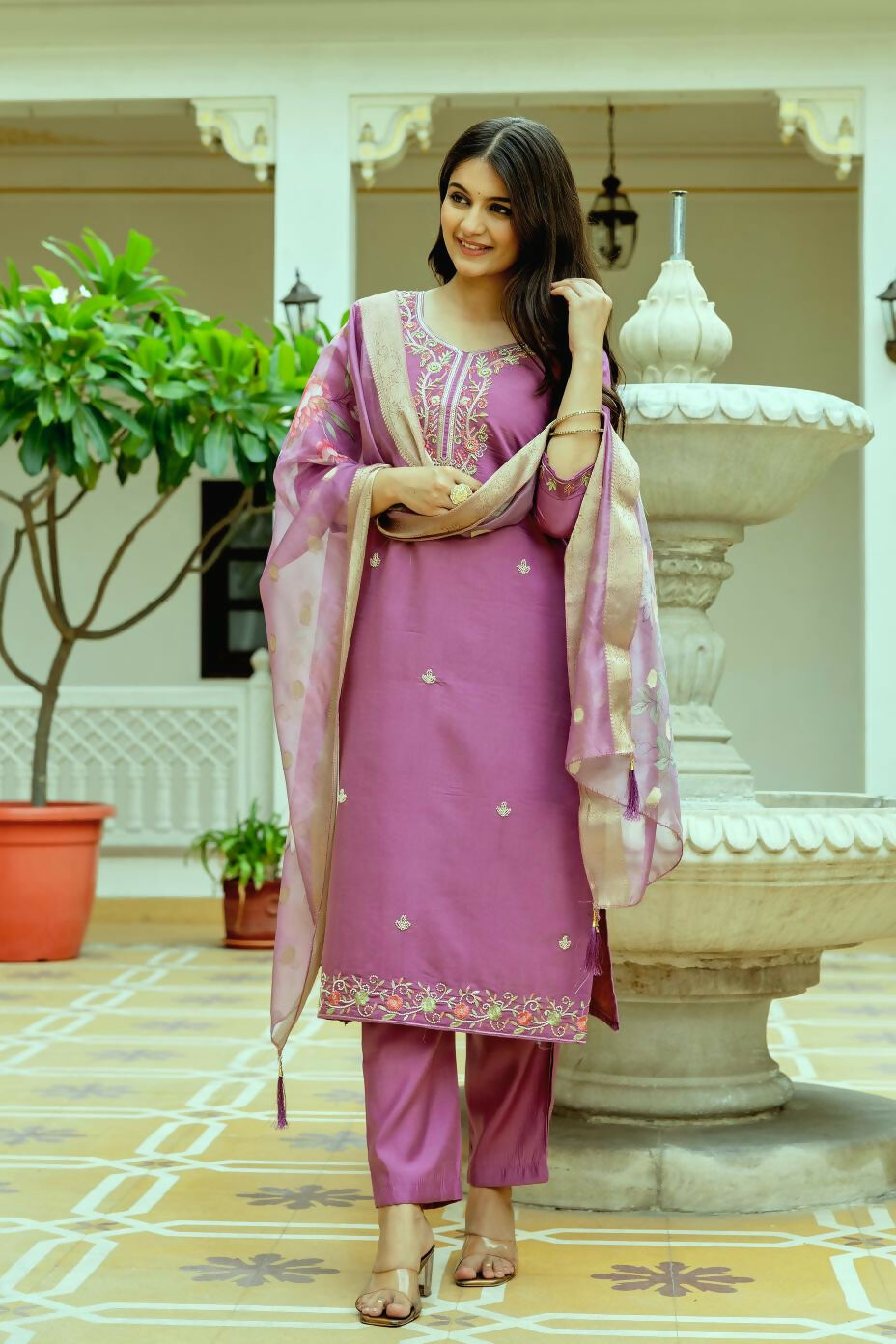 The52 Purple Women's Beautiful Embroidered Viscose Chanderi Silk Fabric with Straight Kurta, Pant and Dupatta Set - Swadesiicart