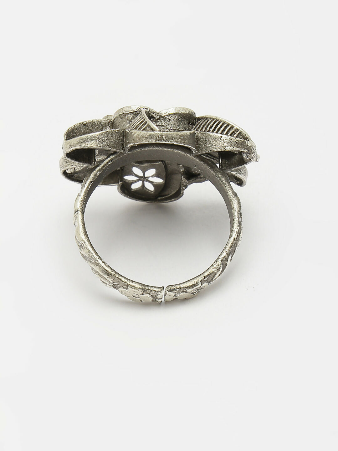 NVR Women's Silver-Toned Floral Shape Adjustable Finger Ring | Swadesiicart