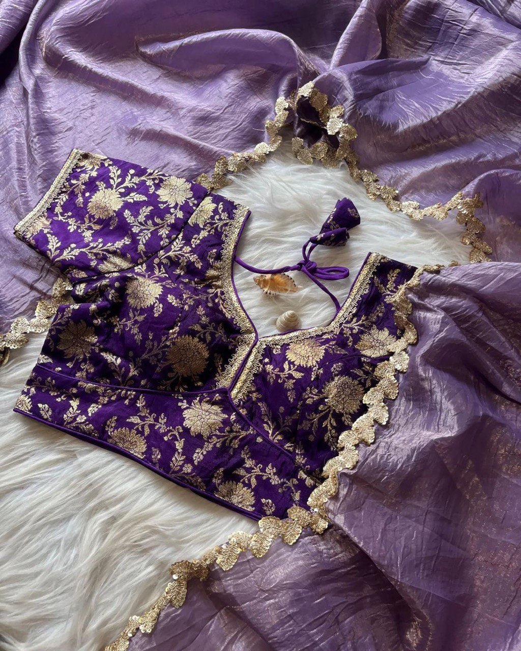 Lorenvalley Fashion Premium Lavender Tissue Crush Saree with Jacquard Weaving Stitched Blouse - Swadesiicart
