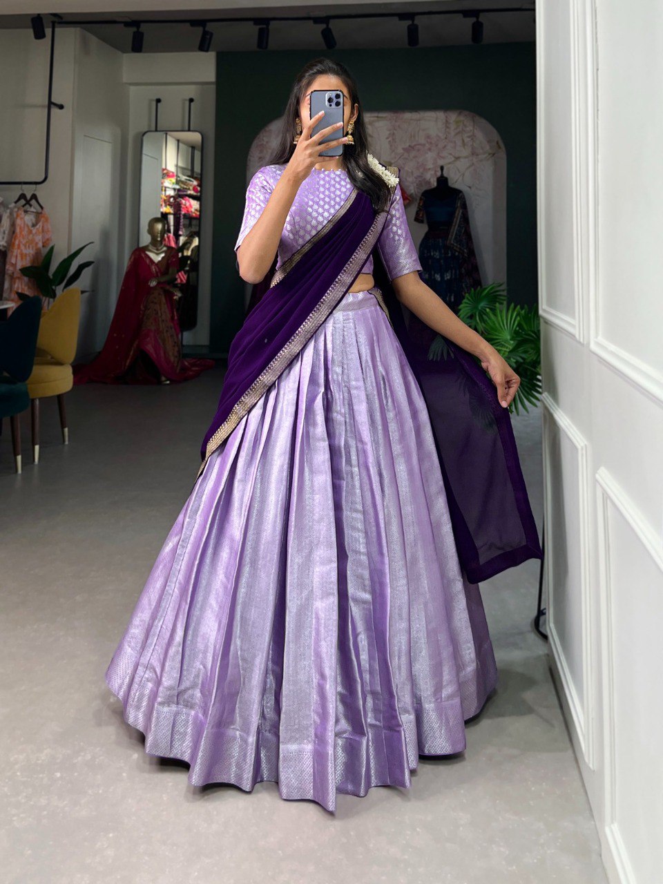 Lorenvalley Lavender Jacquard Silk Weaving Work Lehenga Choli with Dupatta | Swadesiicart