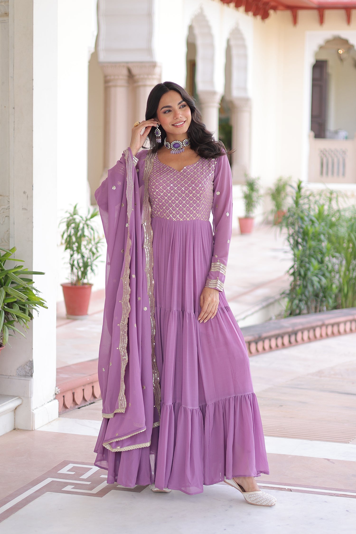 Lorenvalley Fashion Lavender Faux Georgette with Zari & Sequins Embroidered Work Anarkali Gown with Dupatta - Swadesiicart