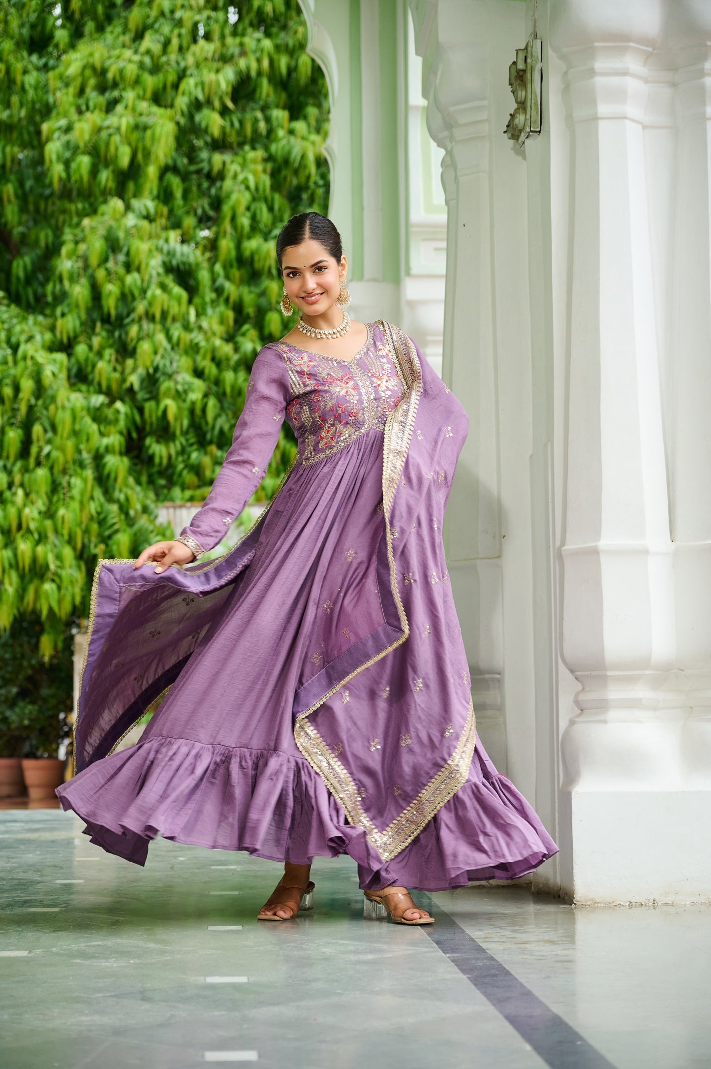 Lorenvalley Fashion Lavender Vichitra Silk with Embroidered Zari & Thread work Anarkali Gown with Dupatta - Swadesiicart
