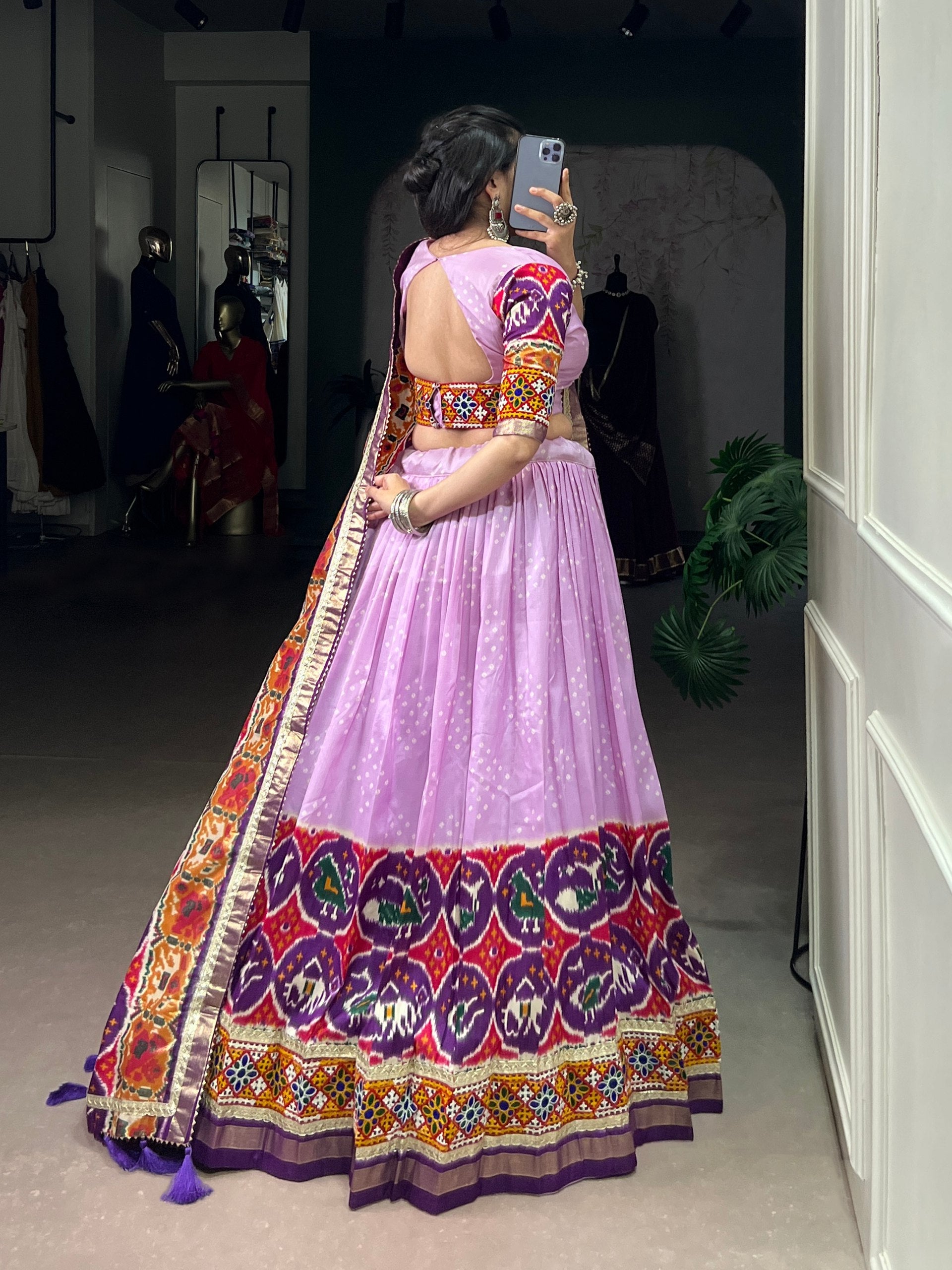 Lorenvalley Fashion Lavender Tasar Silk Print with Foil Work and Real Mirror Gamthi Work with Lace Touch Up Lehenga Choli with Dupatta | Swadesiicart