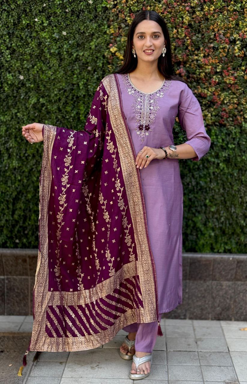Lorenvalley Fashion Lavender Roman Silk Hand Work Kurta Pant with Dupatta - Swadesiicart