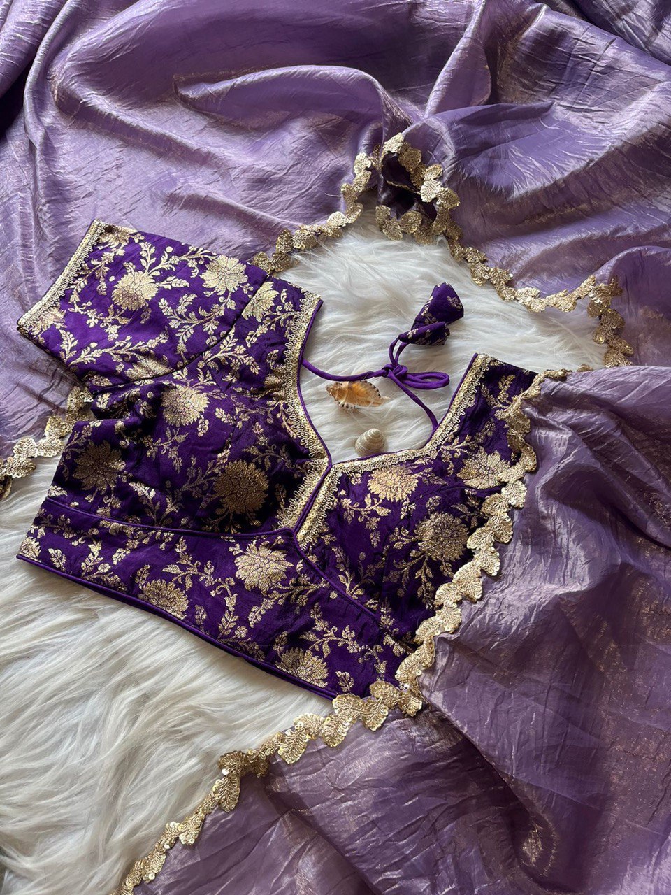 Lorenvalley Fashion Premium Lavender Tissue Crush Saree with Jacquard Weaving Stitched Blouse - Swadesiicart