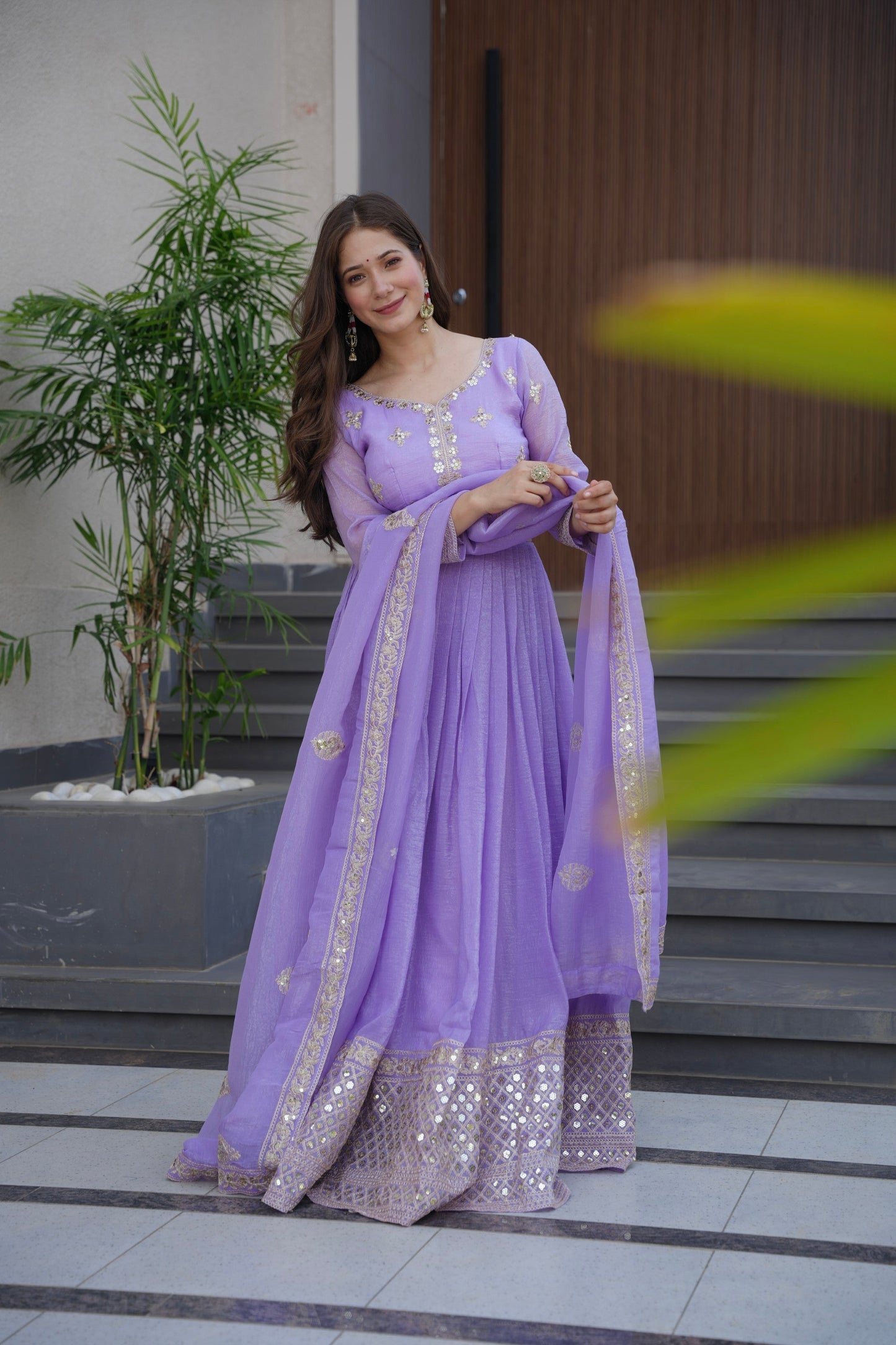 Lorenvalley Fashion Lavender Crunchy Silk with Embroidery Codding & Sequins Work Anarkali Gown with Dupatta | Swadesiicart