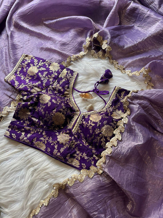 Lorenvalley Fashion Premium Lavender Tissue Crush Saree with Jacquard Weaving Stitched Blouse - Swadesiicart