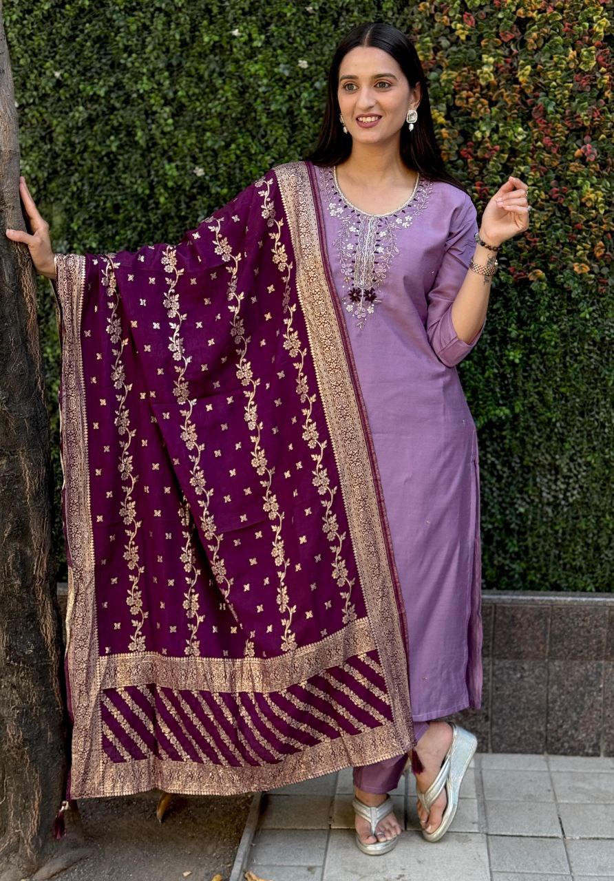 Lorenvalley Fashion Lavender Roman Silk Hand Work Kurta Pant with Dupatta - Swadesiicart